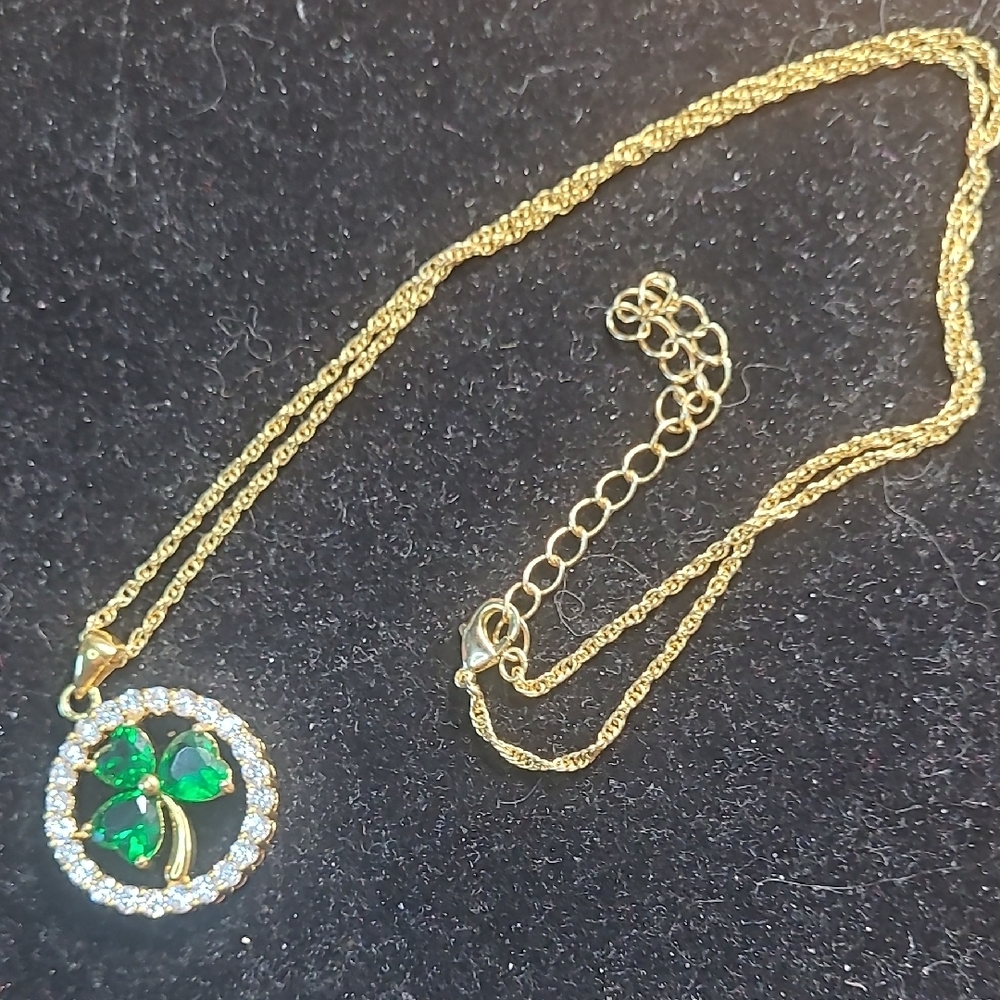 Elegant Gold Toned and Green Tourmaline Clover Necklace W/ Halo  Clear Sapphires
